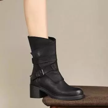 Женские туфли на высоком каблуке до середины голени, черные, с круглым носком, женские полусапожки, элегантные, на каблуке, распродажа, тренд 2024 года, водонепроницаемые, новые весенние ботинки 35