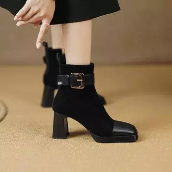 Женские туфли на высоком каблуке из кожи и замши в стиле пэчворк с квадратным носком и толстым каблуком. Современные женские ботинки на осень-зиму. Модная повседневная обувь. 35