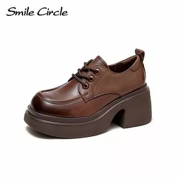 Женские туфли на высоком каблуке из натуральной кожи на высоком каблуке со шнуровкой, увеличивающие высоту туфли на платформе, модные повседневные туфли на толстой подошве