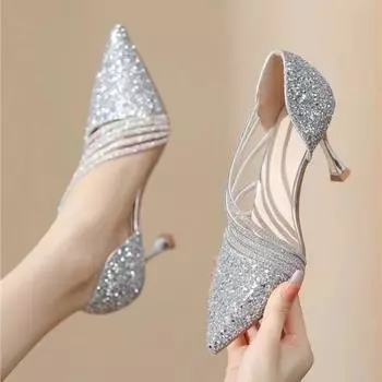 Женские туфли на высоком каблуке, летние, новые, с заостренной цепочкой, полные бриллиантов, вечерние туфли, модные, темпераментные, на шпильках, свадебные туфли 35 серебряный
