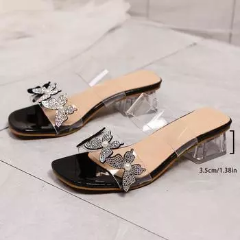 Женские туфли на высоком каблуке лето 2025 новый жемчужный бант квадратный носок сандалии модная одежда большой размер шлепанцы 35