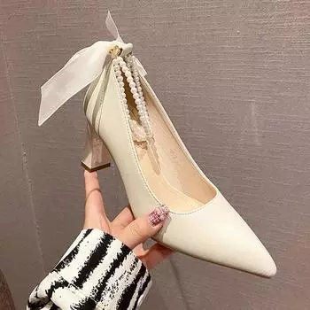 Женские туфли на высоком каблуке Мэри Джейн в стиле Лолиты с бисером, новые весенние толстые туфли-лодочки с бантом, дизайнерские женские свадебные сандалии с острым носком 35 бежевый
