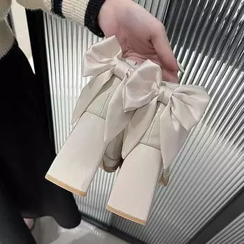 Женские туфли на высоком каблуке «Мэри Джейн» во французском стиле, модельные свадебные туфли 9 см, туфли на толстом каблуке с бантом, не напрягающие ногу, одиночные туфли 42 бежевый