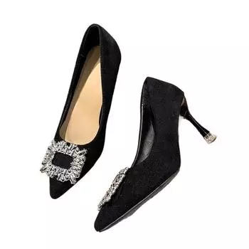 Женские туфли на высоком каблуке, модные туфли-лодочки для вечеринок, женские туфли с кристаллами, квадратными пуговицами, острым носком, на тонком каблуке, женские 35