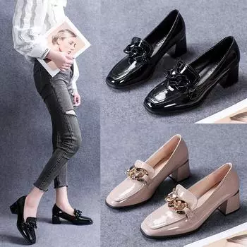 Женские туфли на высоком каблуке, модные туфли с квадратным носком, рабочая обувь на толстом каблуке, осенние туфли с мелким зевом и цепочкой, черные женские туфли 35 чёрный