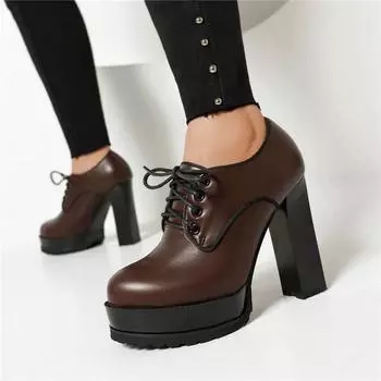 Женские туфли на высоком каблуке, модные водонепроницаемые туфли на толстом каблуке с низким верхом, большого размера, на шнуровке, на все сезоны 34 чёрный