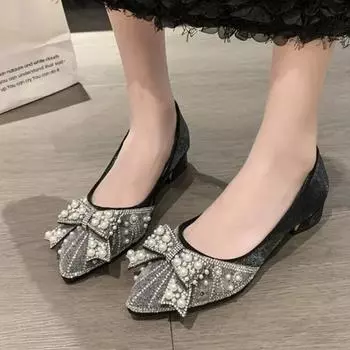 Женские туфли на высоком каблуке, нежные свадебные туфли-лодочки, женские милые жемчужные блестки, бабочки, узлы, элегантные туфли на высоком каблуке с острым носком 35 чёрный