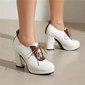 Женские туфли на высоком каблуке, одиночные туфли, модная водонепроницаемая платформа, толстый каблук, большой размер, шнуровка, туфли с низким вырезом, универсальная всесезонная обувь. 36 белый
