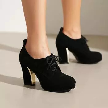 Женские туфли на высоком каблуке, одиночные туфли, весенне-осенняя водонепроницаемая платформа, толстый каблук, шнуровка, большой размер, всесезонная обувь. 36 чёрный