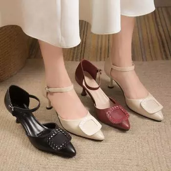 Женские туфли на высоком каблуке, осенние новые однотонные туфли с ремешками на щиколотке и пряжками, женские туфли с острым носком и тонким каблуком для вечеринки, одинарные туфли 34 чёрный