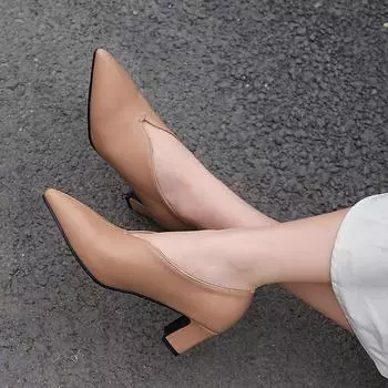 Женские туфли на высоком каблуке, простые и элегантные, остроконечные, на толстом каблуке, сезонная обувь большого размера. 34 чёрный