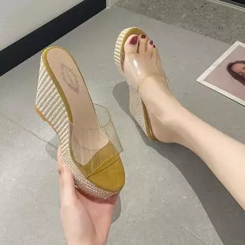 Женские туфли на высоком каблуке Прозрачные тапочки на низкой платформе на танкетке Женские шлепанцы на каблуке Блочные высокие мягкие повседневные римские сандалии из ПВХ 35 бежевый