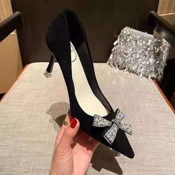 Женские туфли на высоком каблуке, роскошные замшевые босоножки с бантом, модные сандалии с острым носком, весенние новые дизайнерские туфли на шпильке, женские туфли-лодочки 39 чёрный