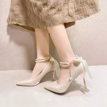 Женские туфли на высоком каблуке с бантом из ленты и жемчугом, элегантные, удобные туфли-лодочки для вечеринок, сандалии в английском стиле 40 34