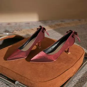 Женские туфли на высоком каблуке с бантом - винно-красный/черный (Коллекция осень/зима) 35 вино красного