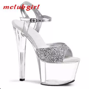 Женские туфли на высоком каблуке с блестками, тонкий каблук, прозрачная подошва, танцевальные босоножки, свадебные туфли, каблук 17 см, платформа 7 см, YKC 33 синий