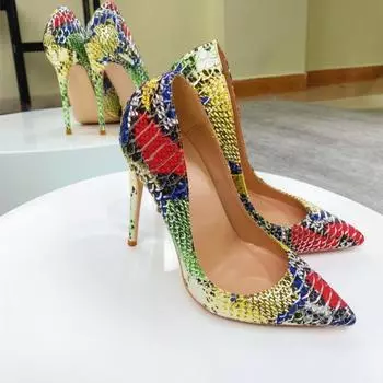 Женские туфли на высоком каблуке с цветным узором под змеиную кожу, персонализированные и модные женские туфли-одиночки 33