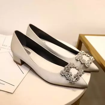 Женские туфли на высоком каблуке с квадратной пряжкой Water Diamond, заостренные толстые каблуки, свадебные шелковые атласные туфли на среднем каблуке с неглубоким носком 34
