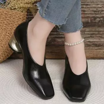 Женские туфли на высоком каблуке с квадратным носком из кожи Модный бренд Осень Дизайнер Новый тренд 2025 Элегантные туфли-лодочки Офис Прогулки Zapatos Mujer 35 чёрный