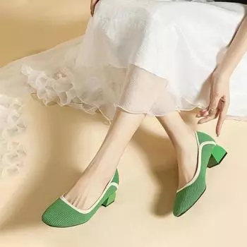 Женские туфли на высоком каблуке с квадратным носком, новинка 2025 года, резиновая подошва, нескользящая, квадратный носок, толстый каблук, вязаные, мягкие, модные, дышащие, красивые 34 бежевый