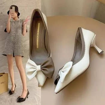 Женские туфли на высоком каблуке с острым носком и бантом, весна 2023, новые корейские модные универсальные туфли с рукавами подружки невесты для банкета 34