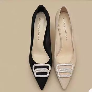 Женские туфли на высоком каблуке с острым носком, женская женская обувь большого размера, бархатные пикантные розовые свадебные туфли с квадратной пряжкой 8 см 34 чёрный