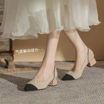 Женские туфли на высоком каблуке с острым носком, квадратным толстым каблуком, вязаные модные дышащие туфли с мягкой подошвой, противоскользящие, весна 2024 г. 34(Foot22cm) чёрный