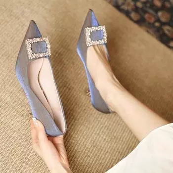 Женские туфли на высоком каблуке с острым носком Новые туфли со стразами и квадратными пуговицами Женские туфли Модные туфли для вечеринок и свадеб Zapatillas Mujer 34 синий