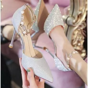 Женские туфли на высоком каблуке с пряжкой на щиколотке, женские трендовые туфли-лодочки с платьем, женские туфли с металлическим украшением и жемчугом, на шпильках, женские 34 серебряный
