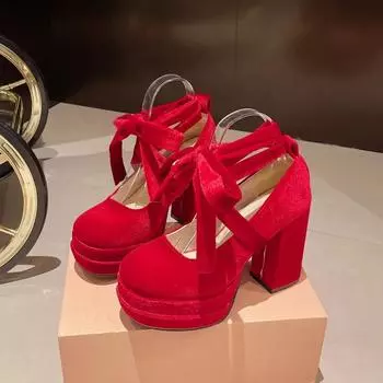 Женские туфли на высоком каблуке с толстой подошвой и водонепроницаемой платформой, летние новые туфли на супервысоком каблуке с сексуальным бантом для сцены, женские одинарные туфли 35 красный