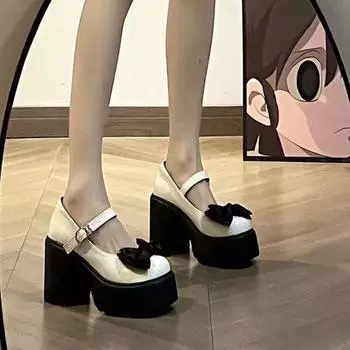 Женские туфли на высоком каблуке с толстой платформой и бантом Мэри Джейн Лолита Туфли-лодочки для вечеринок Осень 2024 Сандалии Женская обувь Модные Оксфорды Zapatos 34 чёрный