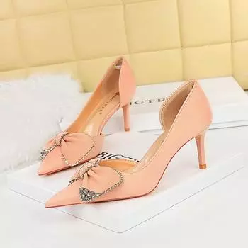 Женские туфли на высоком каблуке с заостренным вырезом и открытым ртом, в стиле пэчворк, со стразами и бантом 34 розовый