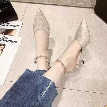 Женские туфли на высоком каблуке с заостренным носком и металлической цепочкой, весенняя мода, новые сексуальные туфли для свиданий и вечеринок, женские туфли большого размера 35