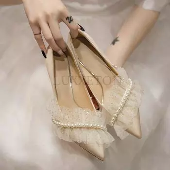 Женские туфли на высоком каблуке с жемчужной сеткой и мелким горлом. Элегантные туфли на высоком каблуке для свадебной вечеринки. Женские туфли с острым носком. 34 шампанского