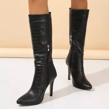 Женские туфли на высоком каблуке, сексуальные сапоги Челси до колена, зимние новые брендовые туфли-лодочки Gladiator Goth Punk с острым носком, мотоциклетные ботинки 36 чёрный