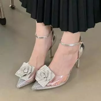 Женские туфли на высоком каблуке, сексуальные, с острым носком, для ночного клуба, танцевальная вечеринка, туфли на шпильках, 2024, новый стиль, элегантные, цветочные, дизайнерские женские сандалии Baotou 35 чёрный