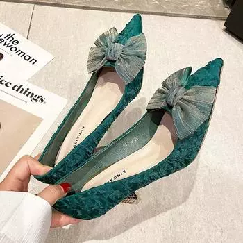 Женские туфли на высоком каблуке-шпильке с бантом, новинка 2024, модные атласные туфли с острым носком, красные туфли на одинарной подошве с неглубоким ртом и сеткой, свадебные туфли 35 чёрный
