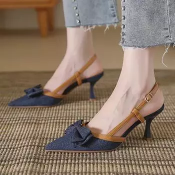 Женские туфли на высоком каблуке Stiletto Denim Bow - Стильные остроносые босоножки с закрытым носком на лето 2025 г. 39 светло-синий