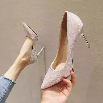Женские туфли на высоком каблуке Temperament 2024 Весна Лето Новый Стиль Модные Простые Туфли-лодочки с острым концом на тонком каблуке Банкетные Свадебные Туфли 34 золотистый