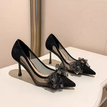 Женские туфли на высоком каблуке, темперамент, осенние, новые, с острым носком, мелким горлом, бантом, тонкие, с модными одинарными туфлями 34