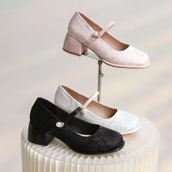 Женские туфли на высоком каблуке, туфли-лодочки в китайском стиле с вышитыми цветами, элегантные туфли Мэри Джейн с неглубокой подошвой из резины, запатос 34 чёрный