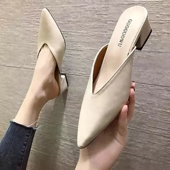 Женские туфли на высоком каблуке, удобные, мягкие, кожаные, офисные, на низком каблуке, с острым носком, туфли-мюли, туфли Мэри Джейн, туфли на танкетке для женщин 35 абрикосовый