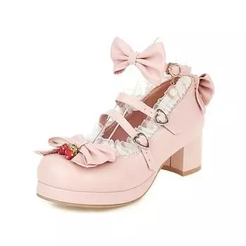 Женские туфли на высоком каблуке в стиле Лолиты с бантом Туфли Мэри Джейн JK Косплей Платье Униформа Туфли-лодочки с ремешком на щиколотке Кружевные оборки Свадебные 33 бежевый