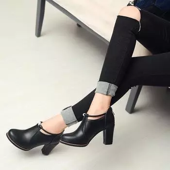 Женские туфли на высоком каблуке, весенние и осенние, однотонные, на толстом каблуке, большого размера, с низким верхом, универсальные, на все времена года 34 чёрный