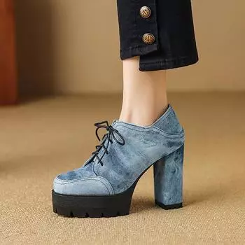 Женские туфли на высоком каблуке, весенние и летние, европейские и американские, ветронепроницаемые, на толстом каблуке, большого размера, со шнуровкой, низкие, на все сезоны 35 чёрный