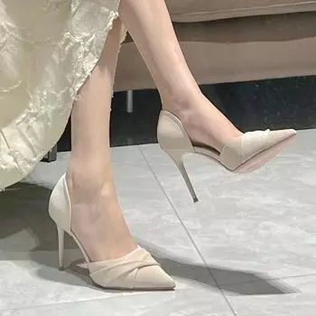 Женские туфли на высоком каблуке, весна-лето 2024, новые модные туфли-лодочки, элегантные, плиссированные, заостренные, узкие, полые, сексуальные, для вечеринок 34 бежевый
