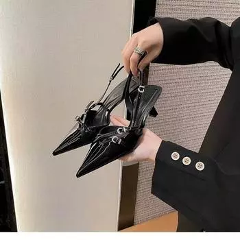 Женские туфли на высоком каблуке весна-лето Hundred с пряжкой в виде слова с острым носком и тонким каблуком Baotou Sandals 35 чёрный