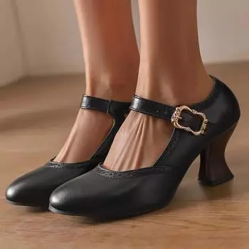 Женские туфли на высоком каблуке, весна-лето, новые однотонные туфли на толстом каблуке большого размера с низким верхом и светлым носком 34 чёрный