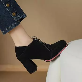 Женские туфли на высоком каблуке, весна-лето, новые туфли большого размера на толстом каблуке со шнуровкой и низким верхом 35 чёрный