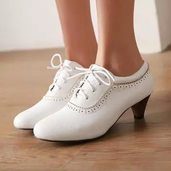 Женские туфли на высоком каблуке, весна-лето, новые туфли в стиле ретро на толстом каблуке большого размера со шнуровкой и низким верхом 35 белый